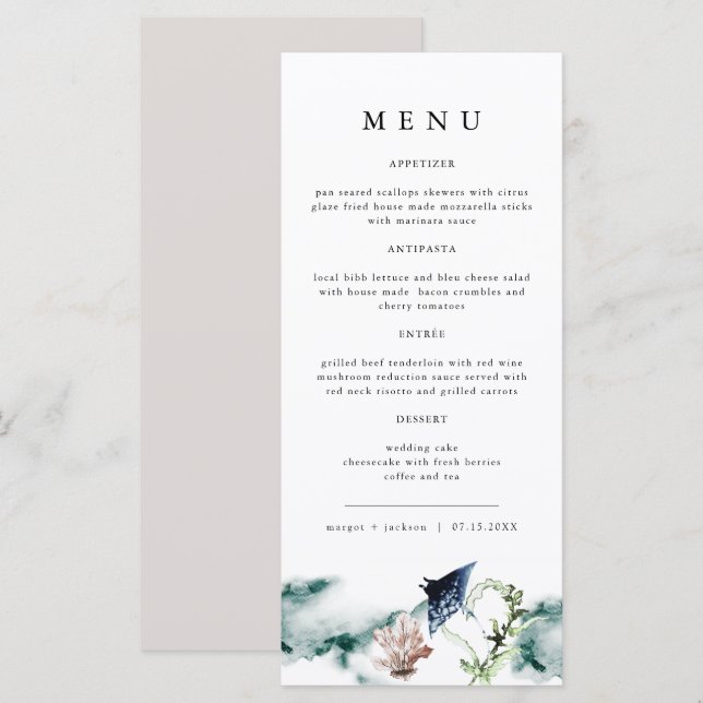 ARIEL Tropical Ocean Coral Manta Ray Beach Menu Meny (Fram/baksida)