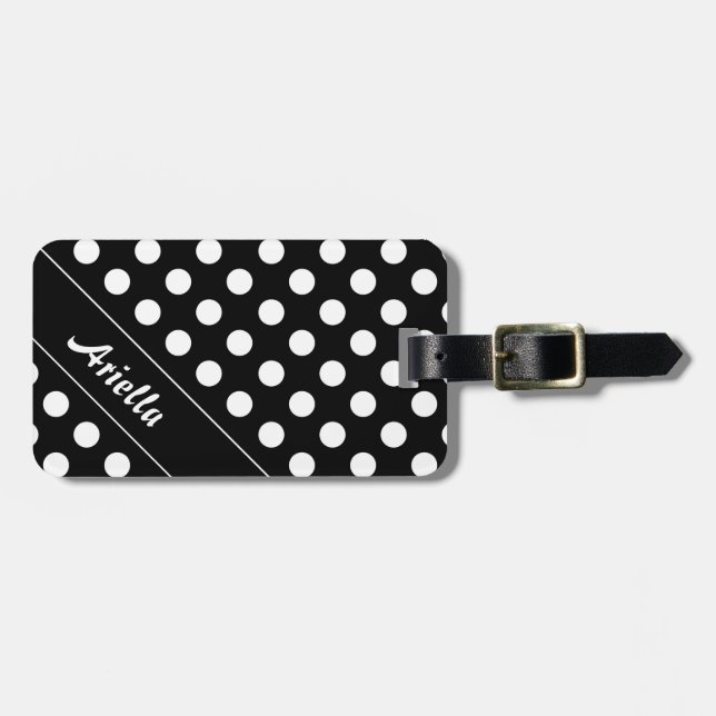 Ariella Namn Template Elegant Black Big Polka dots Bagagebricka (Horisontell Framsida)