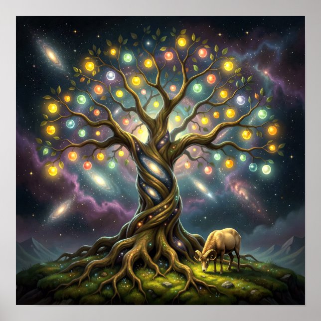 Aries and Tree of Life Among Stars and Galaxies Poster (Framsidan)
