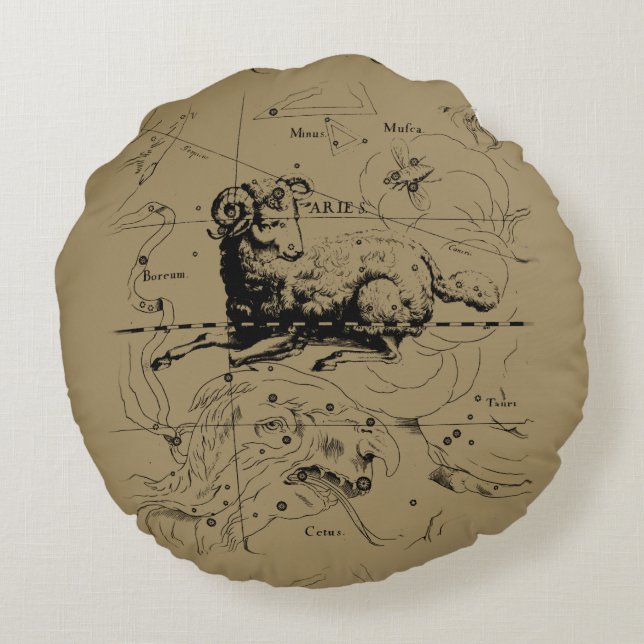 Aries Constellation Karta Hevelius 1690 Rund Kudde (Baksidan)