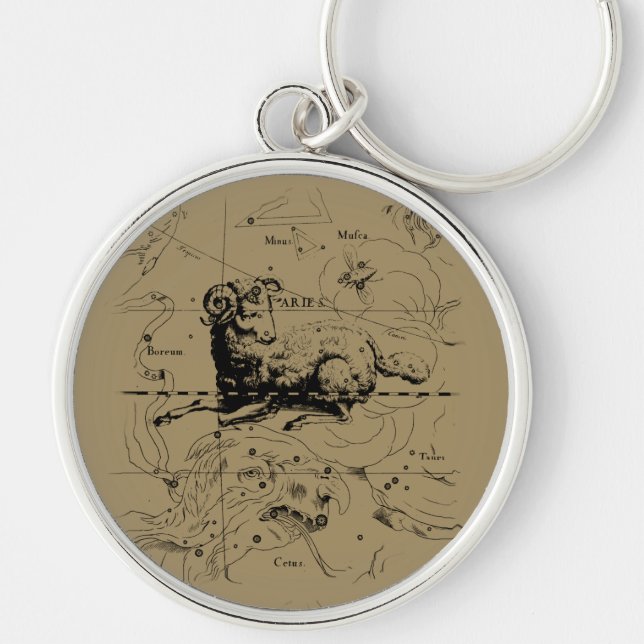 Aries Constellation Karta Hevelius 1690 Rund Silverfärgad Nyckelring (Framsidan)