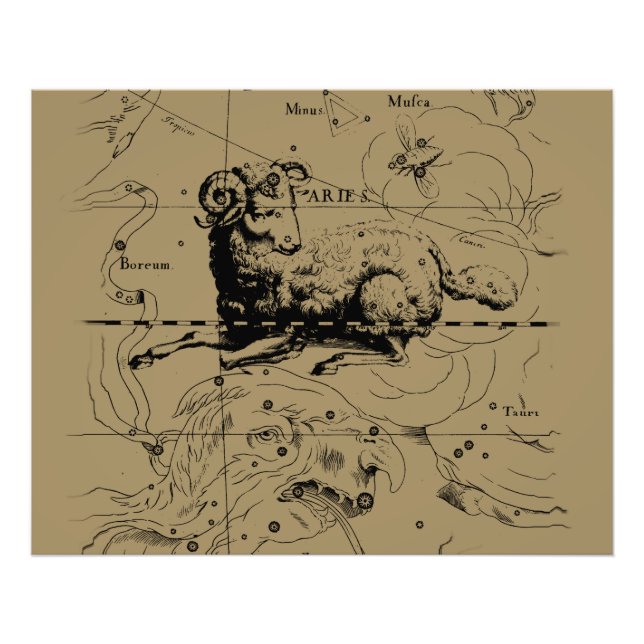 Aries Constellation Karta Hevelius circa 1690 Fototryck (Framsidan)