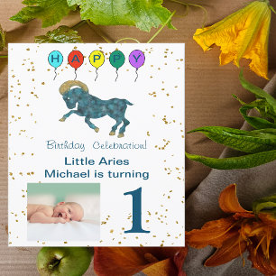 Aries First Birthday Guld & Balloations & Photo Inbjudningar