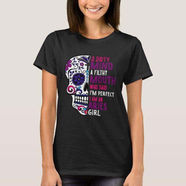 Aries GIrl Dia De Los Muertos Mexican Sugar Skull  T Shirt (Framsida)