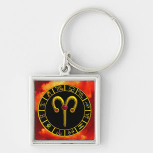 ARIES GULD ZODIAC BIRTHDAY JEWEL Astrology Diagram Fyrkantig Silverfärgad Nyckelring