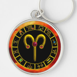 ARIES GULD ZODIAC BIRTHDAY JEWEL Astrology Diagram Rund Silverfärgad Nyckelring