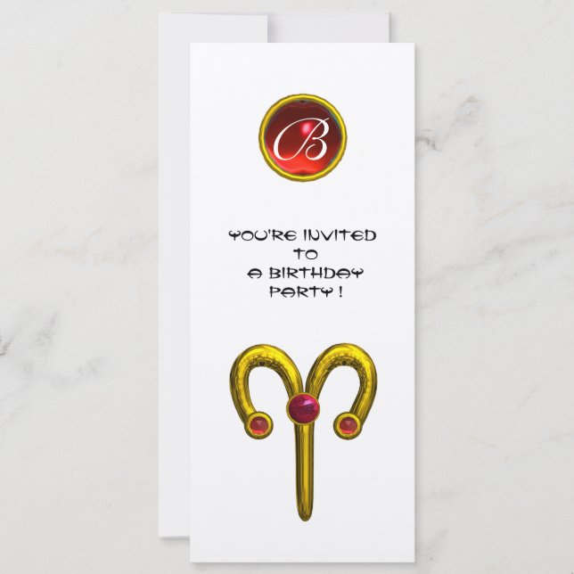 ARIES GULD ZODIAC BIRTHDAY RED RUBY MONOGRAM White Inbjudningar (Framsida)