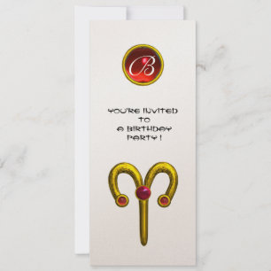 ARIES GULD ZODIAC BIRTHDAY RED RUBY MONOGRAM White Inbjudningar