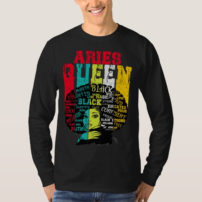 Aries Queen Aries Pride  Black Woman Afro Horoscop T Shirt (Framsida)