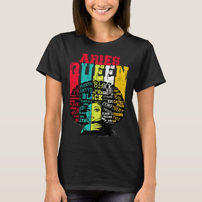 Aries Queen Aries Pride  Black Woman Afro Horoscop T Shirt (Framsida)
