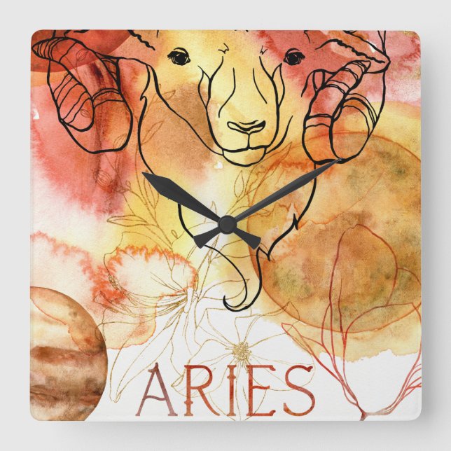Aries ram zodiac astrology birthday gold red fyrkantig klocka (Framsida)