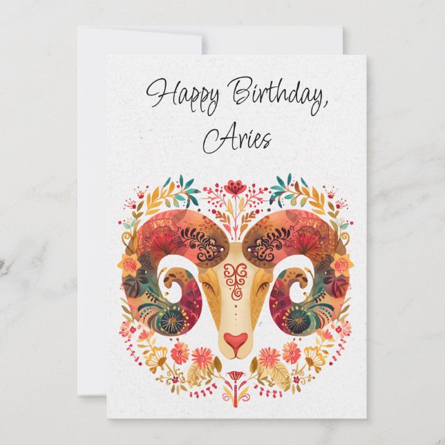 Aries Ram Zodiac Boho Blommigt Birthday Flata Card (Framsida)