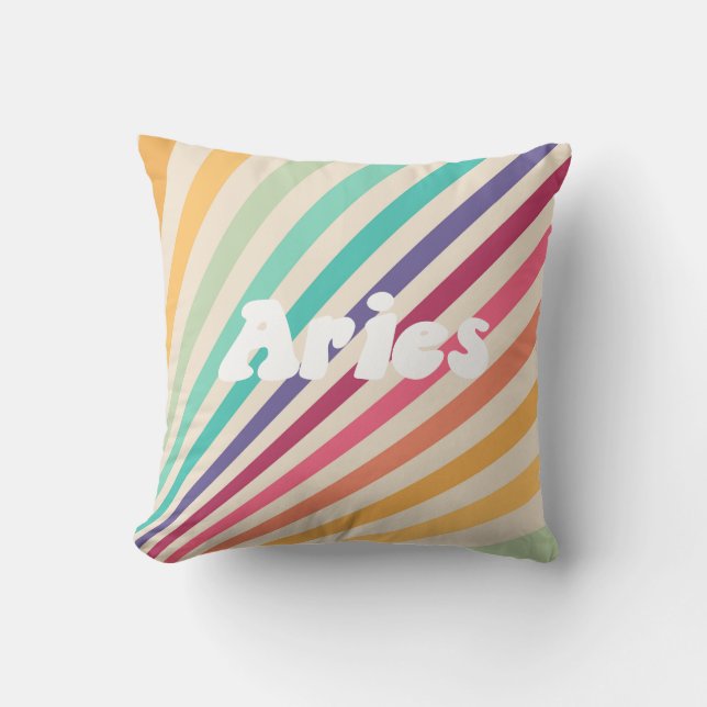 Aries Retro Rainbow Zodiac Astrology Round Pillow Kudde (Framsida)
