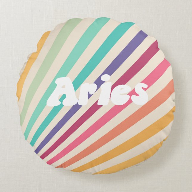 Aries Retro Rainbow Zodiac Astrology Rund Kudde (Framsidan)