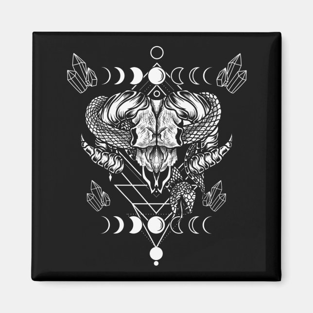 Aries Skull Wicca Occult Crescent Måne Witchcraft Magnet (Framsidan)