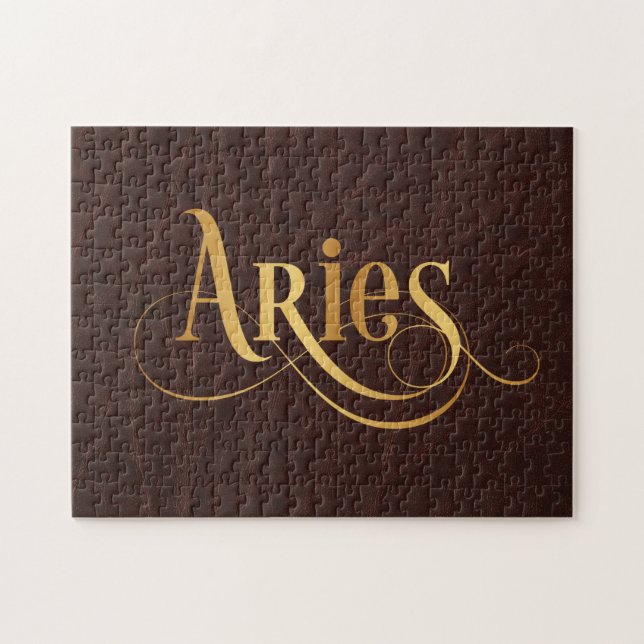 Aries Swirly Script Guld på läder Pussel (Horisontell)