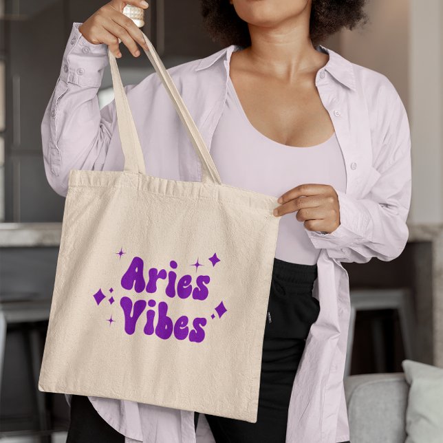 Aries Vibes Zodiac Astrology Lila Stars Tote Bag Tygkasse (Skapare uppladdad)