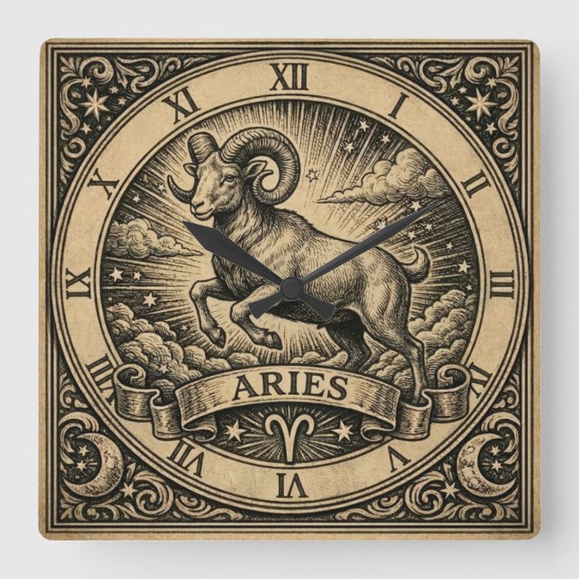 Aries Vintage Zodiac Wall Clock Fyrkantig Klocka (Framsida)
