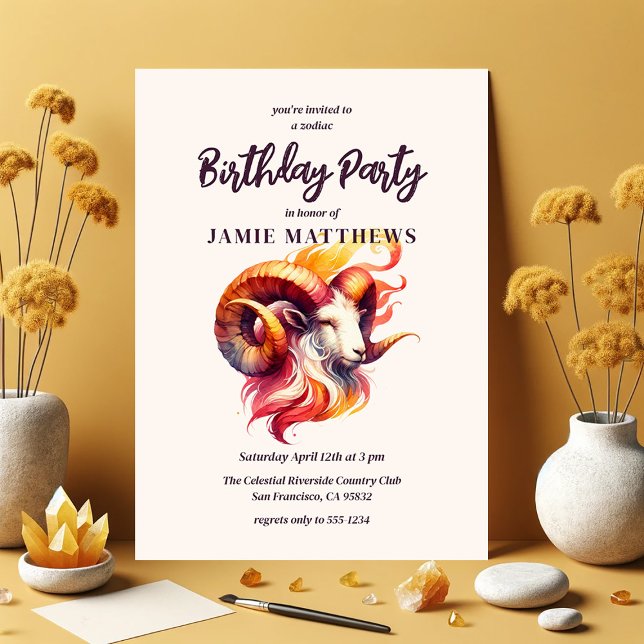 Aries Watercolor Ram Zodiac Thned Födelsedagsfest Inbjudningar (Watercolor Aries Zodiac-Themed Birthday Party Suite | 5x7 Invitations Shown Here)