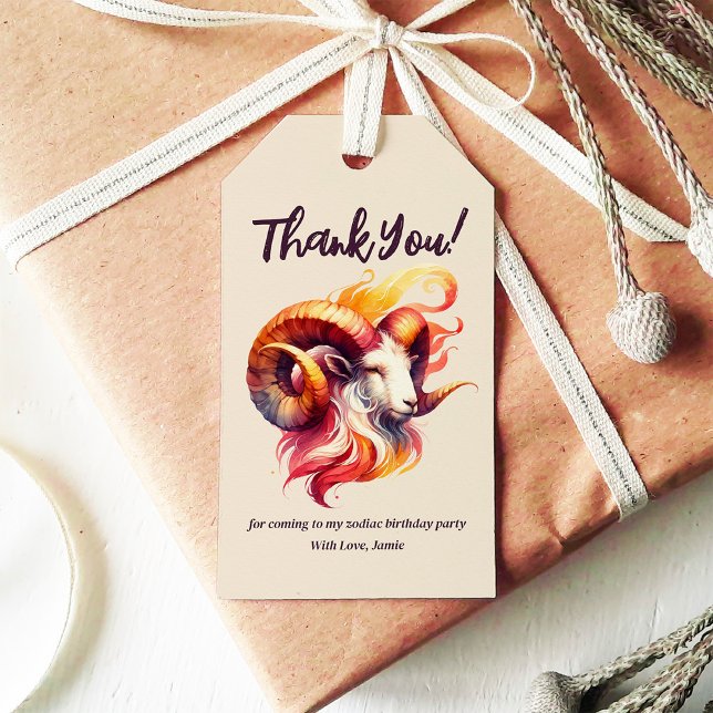 Aries Watercolor Ram Zodiac Thned Födelsedagsfest Presentetikett (Aries Zodiac-Themed Party Suite | Say thanks to guests with matching favor tags!)