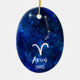 Aries Zodiac Constellation Blue Galaxy Monogram Julgransprydnad Keramik