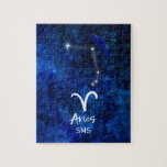 Aries Zodiac Constellation Blue Galaxy Monogram Pussel<br><div class="desc">Aries Zodiac Constellation Blue Galaxy Monogram Design. Med trendiget Bruterat skriptteckensnitt, Mörk blått vattenfärgsbakgrund struktur, Glowing star konstellation och Ram-symbolen. Modern Astrological Sign Birth Horoscope, är perfekt för alla Aquarian Birthday från mars 21-19 april! Med Monogrammed första Mitten och efternamn (eller lämna det tomt) som tillval. Gör en underbar gåva...</div>