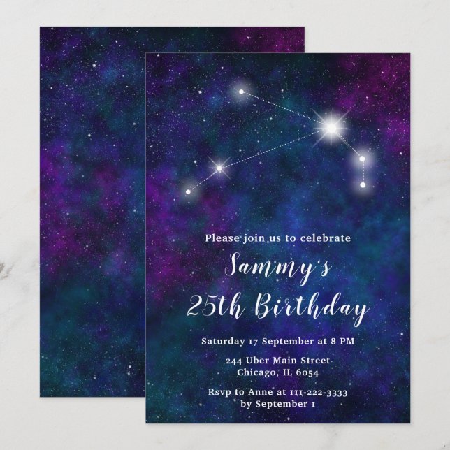 Aries Zodiac Constellation Födelsedagsfest Inbjudningar (Fram/baksida)