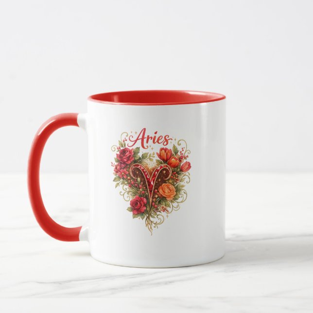 Aries Zodiac Floral Heart Mug – Feminine Astrology Mugg (Vänster)