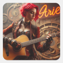 Aries Zodiac Musician Guitar Fyrkantigt Klistermärke