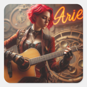 Aries Zodiac Musician Guitar Fyrkantigt Klistermärke