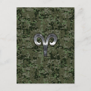 Aries Zodiac Sign på Woodland Grönt Digital Camo Vykort