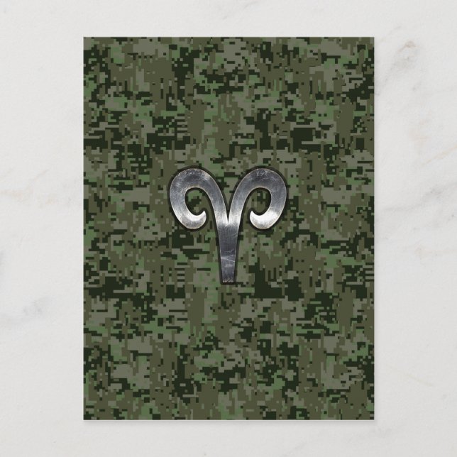 Aries Zodiac Sign på Woodland Grönt Digital Camo Vykort (Framsida)