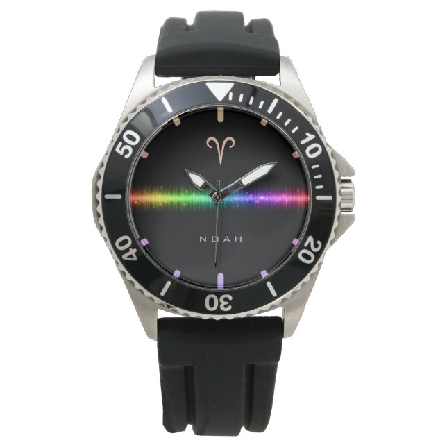 Aries Zodiac Sign Rainbow Pride Flagga Line Namn Armbandsur (Framsida)