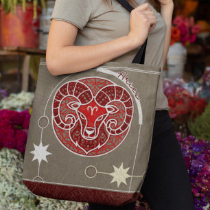 Aries Zodiac Sign Red White Grått Mandala Tygkasse
