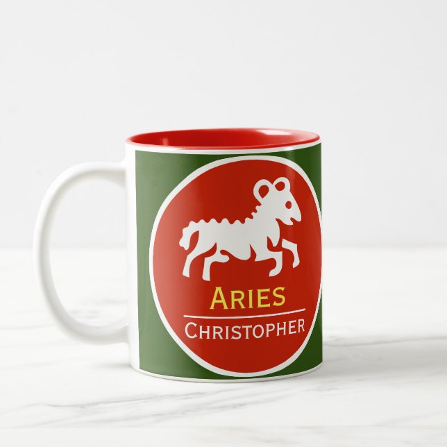 Aries Zodiac-Stjärntecken med Owners Namn Två-Tonad Mugg (Vänster)