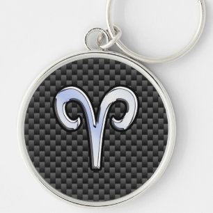 Aries Zodiac Symbol Black Carbon Fiber Decor Rund Silverfärgad Nyckelring