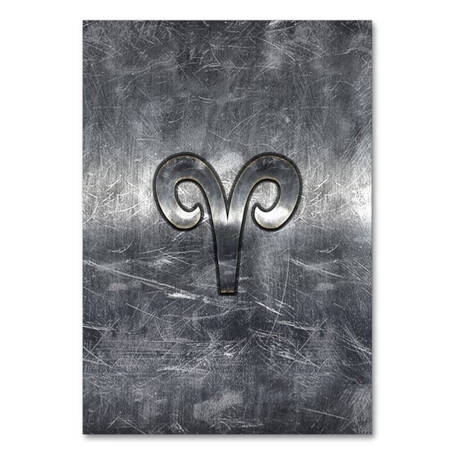 Aries Zodiac Symbol i Silver Distress Stil Bordsnummer (Framsidan)