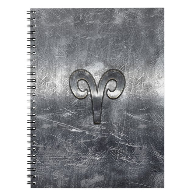Aries Zodiac Symbol i Silver Steel Stil Anteckningsbok Med Spiral (Framsidan)