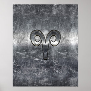 Aries Zodiac Symbol i Silver Steel Stil Poster