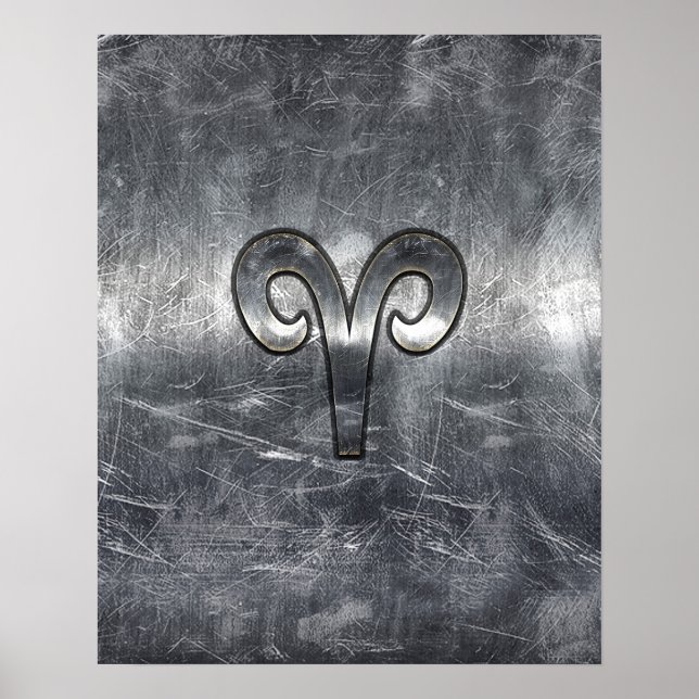 Aries Zodiac Symbol i Silver Steel Stil Poster (Framsidan)