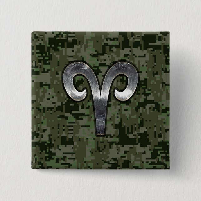 Aries Zodiac Symbol Woodland Digital Camouflage Knapp (Framsida)