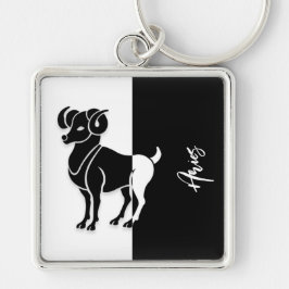 Aries Zodiac-tecken, Black & White Keychain Fyrkantig Silverfärgad Nyckelring