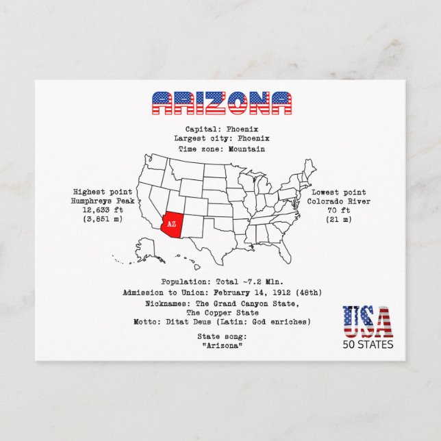 Arizona amerikan som är statlig på en karta och helg vykort (Framsida)