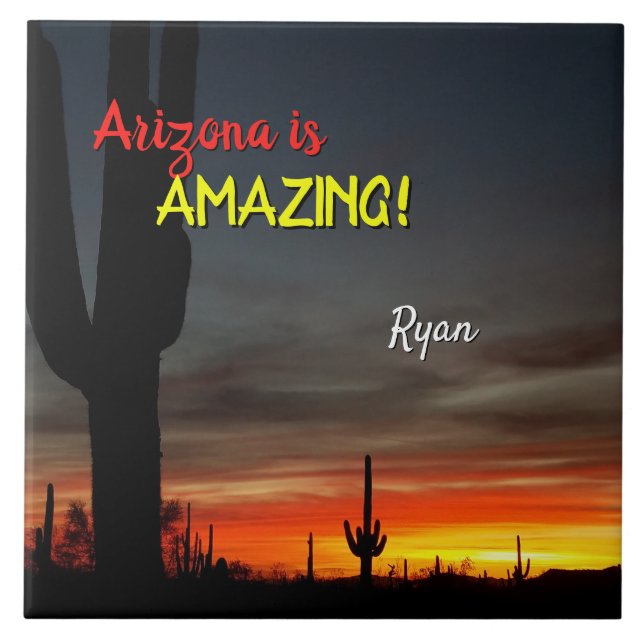 "Arizona är Fantastisk!" Sunset Sonoran Desert Cac Kakelplatta (Framsidan)