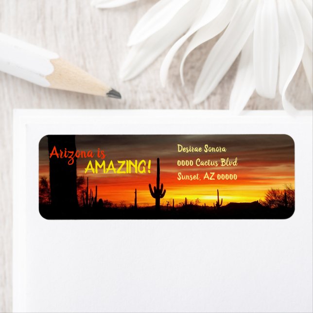 "Arizona är Fantastisk!" Sunset Sonoran Desert Cac Returadress Etikett (Insitu)