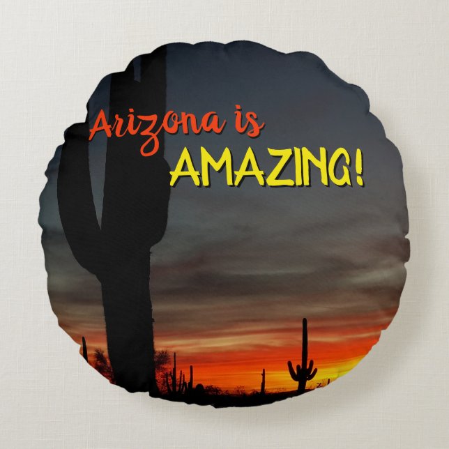 "Arizona är Fantastisk!" Sunset Sonoran Desert Cac Rund Kudde (Framsidan)