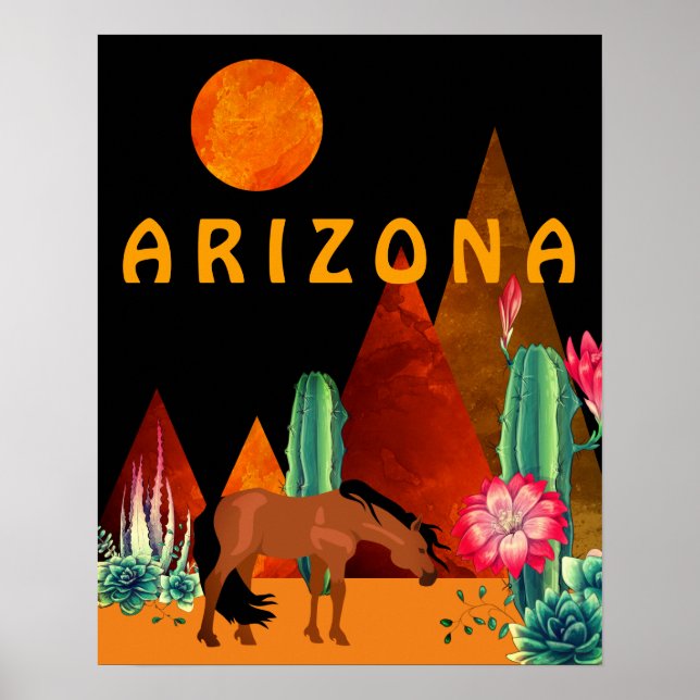 Arizona ~ Berg, Desert, Horse och Full Moon Poster (Framsidan)