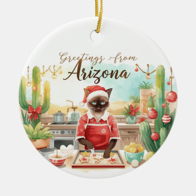 Arizona Christmas themed for Siamese Cat lovers Julgransprydnad Keramik (Framsidan)