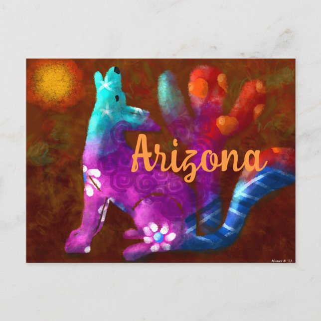 Arizona Coyote Abstrakt Art Saguaro Cactus Desert Vykort (Framsida)