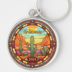 Arizona Desert Cactus Watercolor Rund Silverfärgad Nyckelring